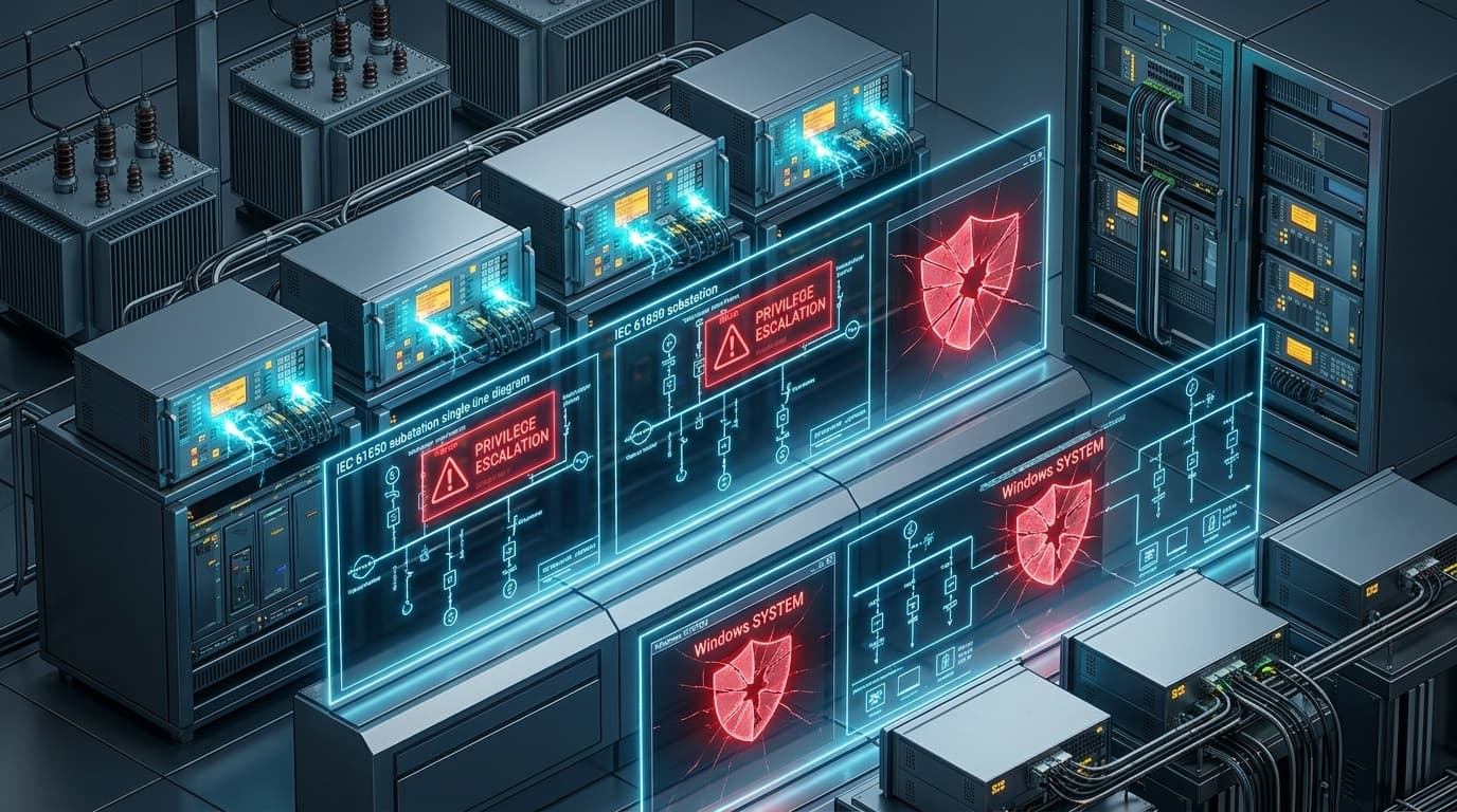 3D cybernetic illustration of electrical power substation control center with IEC 61850 single-line diagrams, privilege escalation alerts, and protective relays