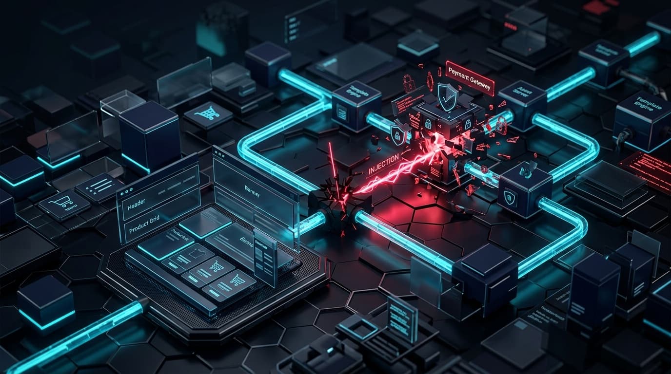 3D isometric technical editorial illustration of e-commerce storefront template rendering pipeline under code injection attack