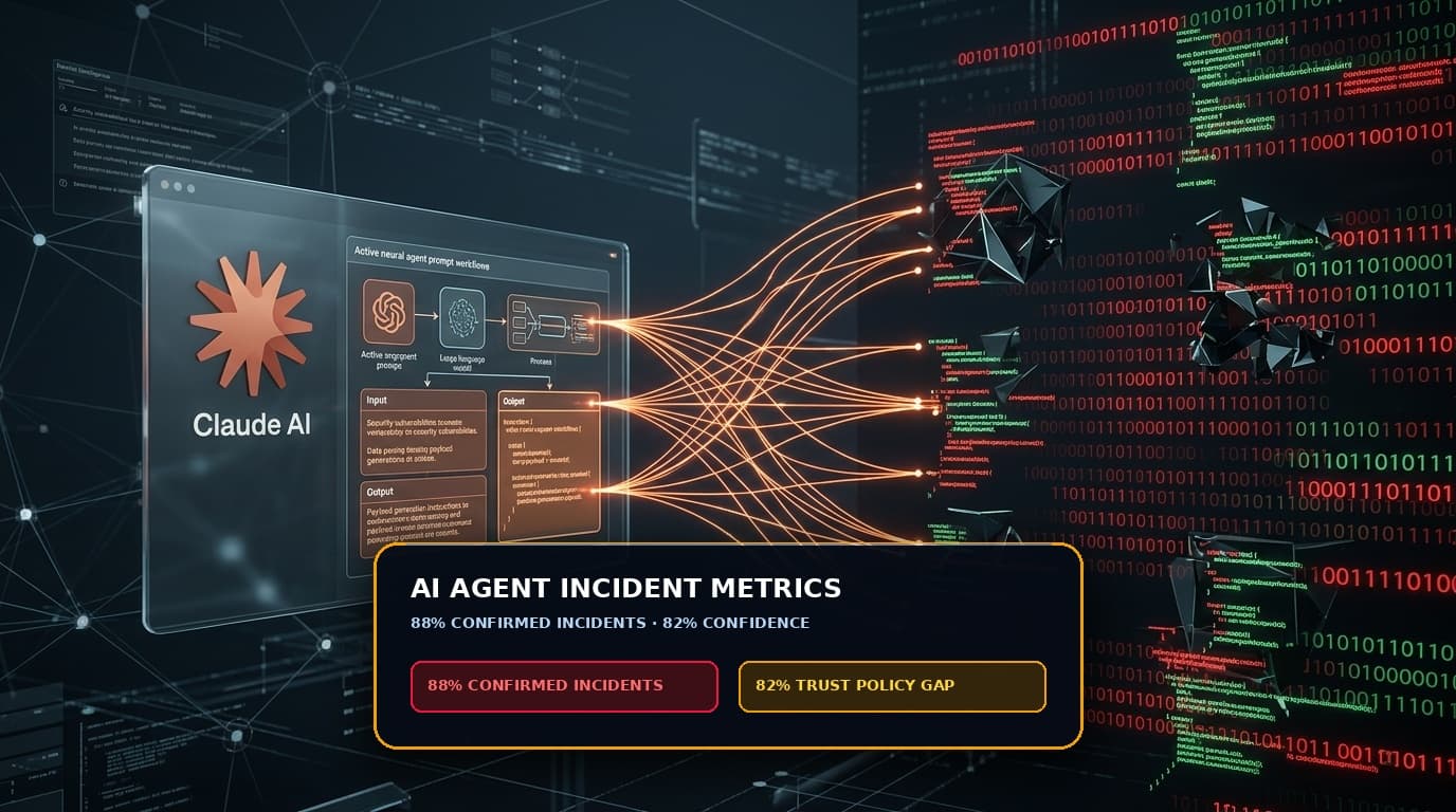 3D conceptual illustration of 88 percent AI agent incidents versus 82 percent policy trust gap