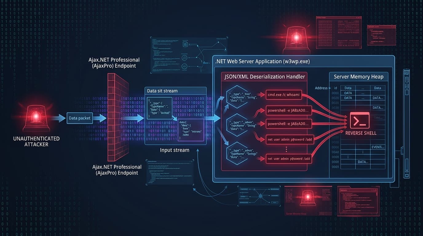 3D conceptual editorial illustration of Microsoft .NET IIS web application undergoing unauthenticated object deserialization remote code execution via Ajax.NET Professional