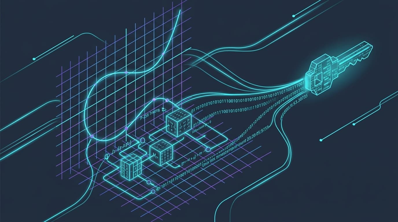 3D isometric technical editorial illustration of elliptic curve cryptography mathematics and lattice reduction algorithms resolving NIST seed parameters into a cryptographic key