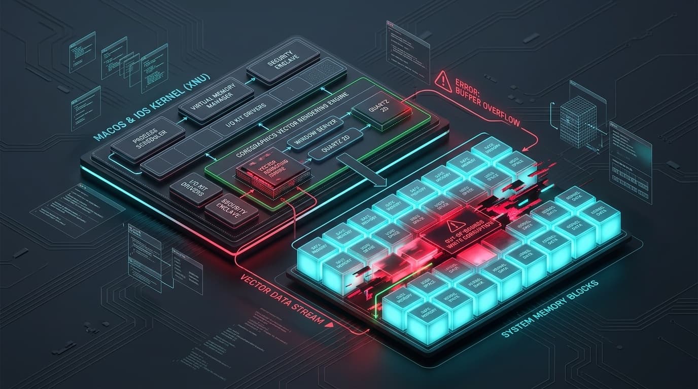 3D conceptual isometric cybernetic technical editorial illustration of Apple macOS and iOS operating system kernel, CoreGraphics vector rendering engine undergoing out-of-bounds write memory corruption