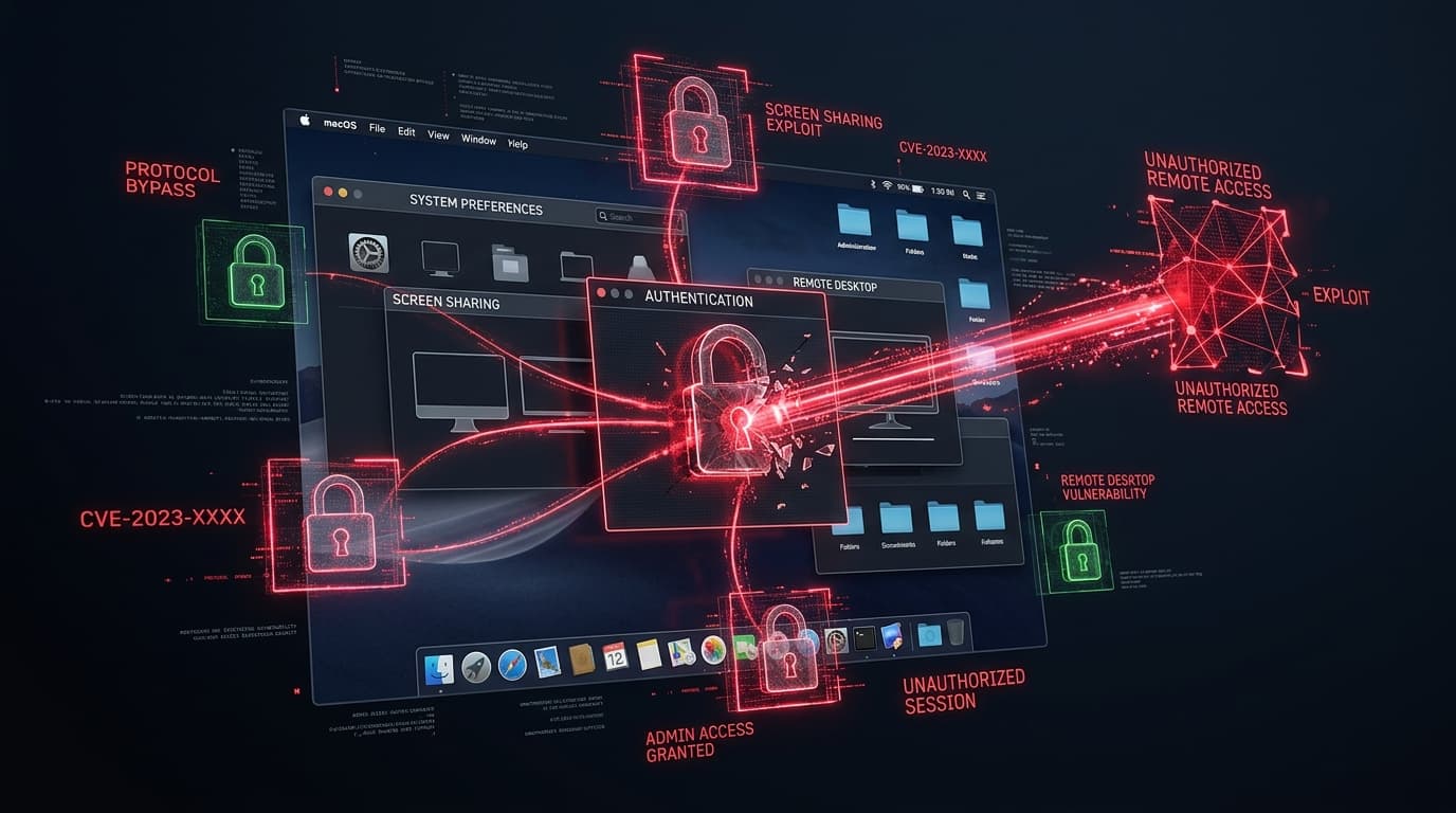 3D conceptual editorial illustration of Apple macOS architecture undergoing unauthenticated authentication bypass in Screen Sharing service granting unauthorized desktop remote control