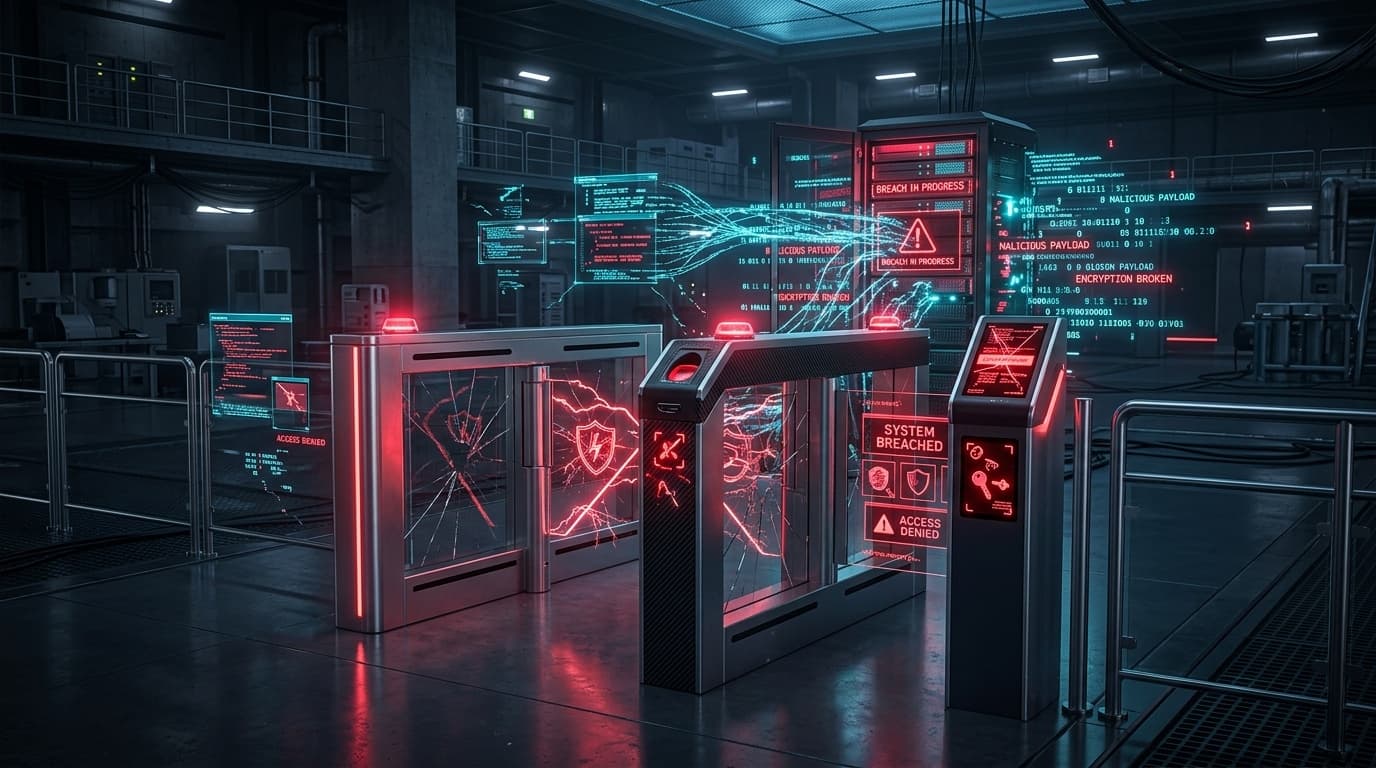 3D cybernetic illustration of physical access control turnstiles and biometric readers breached with red cybersecurity warnings and compromised server links