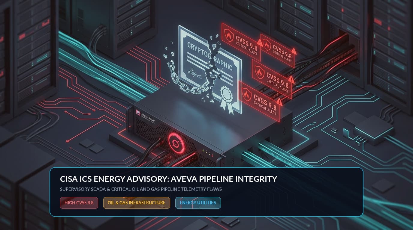 3D conceptual illustration of CISA energy ICS advisory showing supervisory SCADA pipeline monitoring network with glowing critical telemetry alerts
