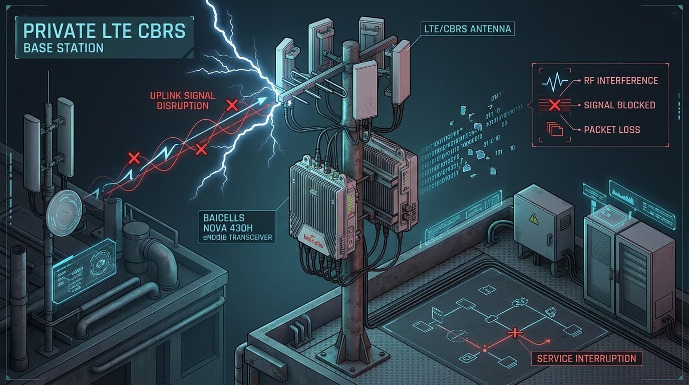 3D conceptual isometric cybernetic technical editorial illustration of industrial private LTE CBRS outdoor base station antenna, Baicells Nova 430H eNodeB radio transceiver