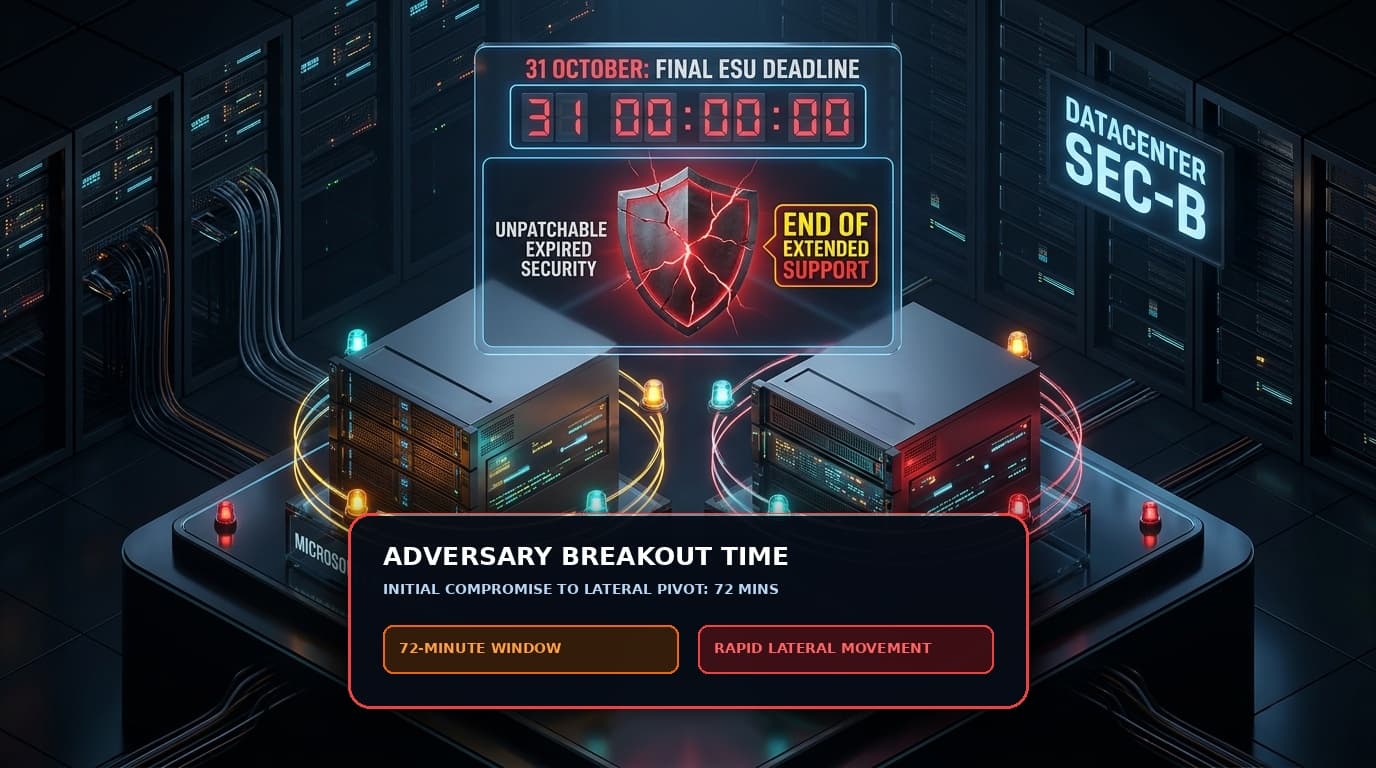 3D conceptual illustration of 72-minute adversary breakout time window from initial access to lateral movement