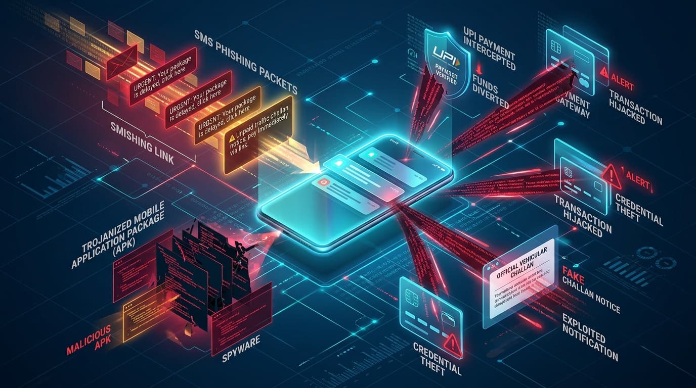 3D conceptual illustration of CERT-In mobile cyber alert showing SMS smishing packets unfolding into a trojanized Android APK intercepting UPI payments and banking credentials