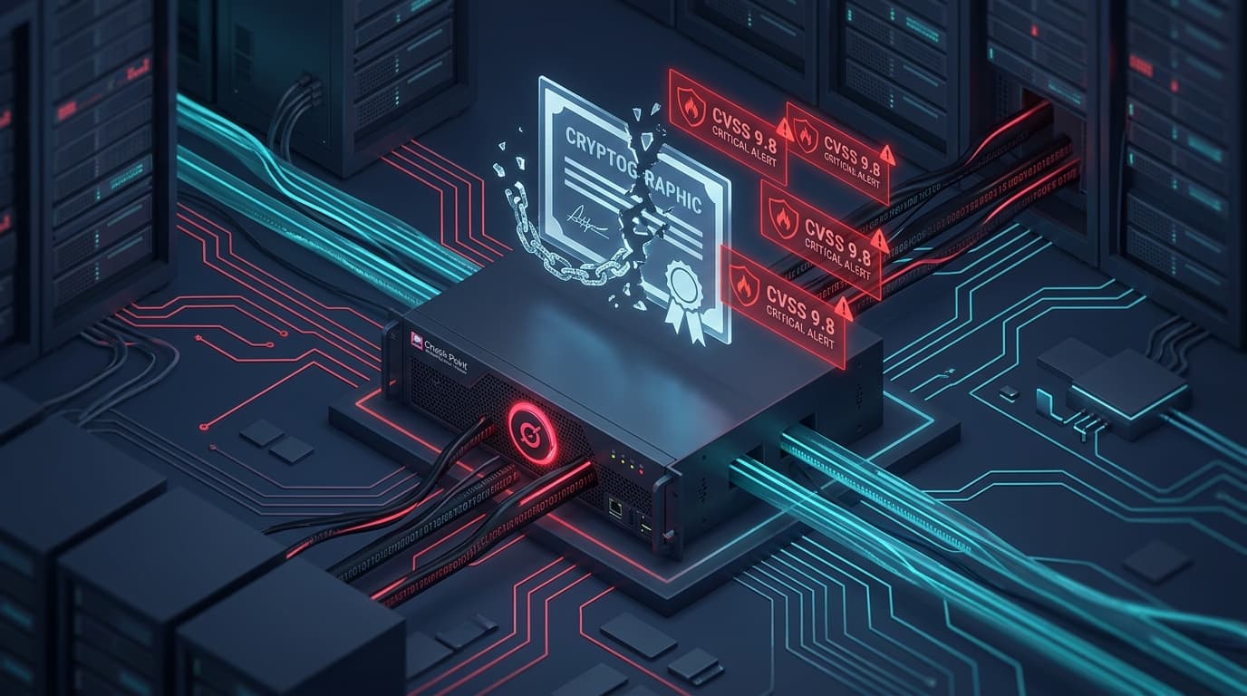 Check Point firewall appliance with severed cryptographic certificate and CVSS 9.8 critical alert banners