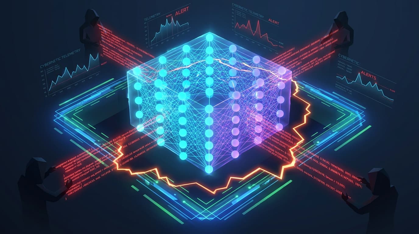 3D conceptual illustration of artificial intelligence neural network core undergoing covert adversarial model extraction and knowledge distillation theft with glowing cyber telemetry