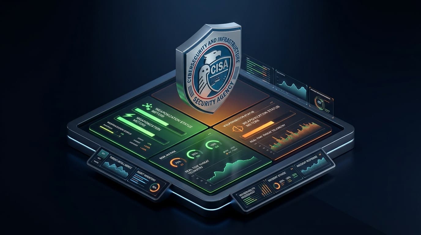 CISA federal cybersecurity shield floating above an isometric 4-quadrant risk matrix dashboard replacing CVSS ratings