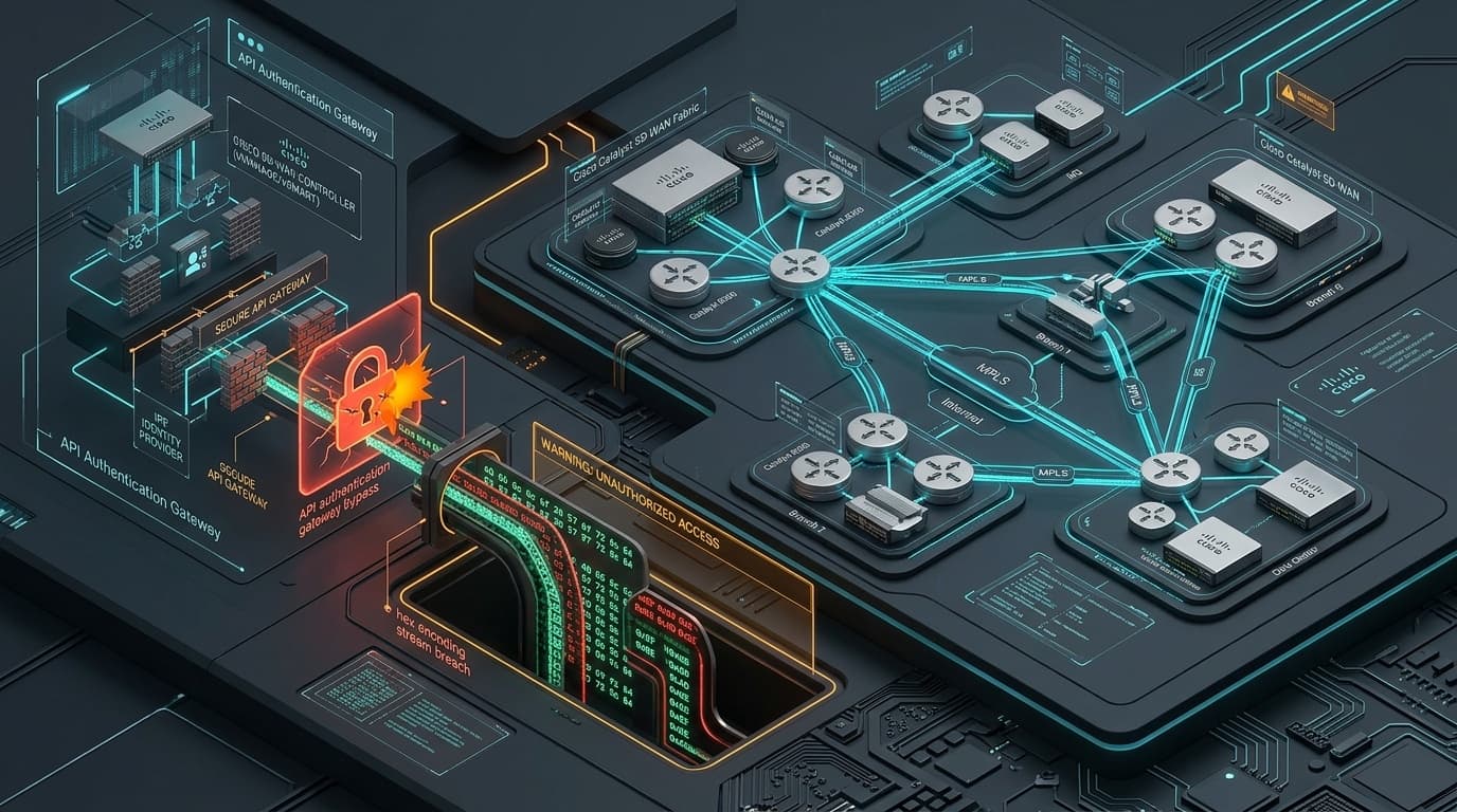 3D conceptual isometric cybernetic technical editorial illustration of Cisco enterprise Catalyst SD-WAN network router topology, glowing API authentication gateway bypass, hex encoding stream breach
