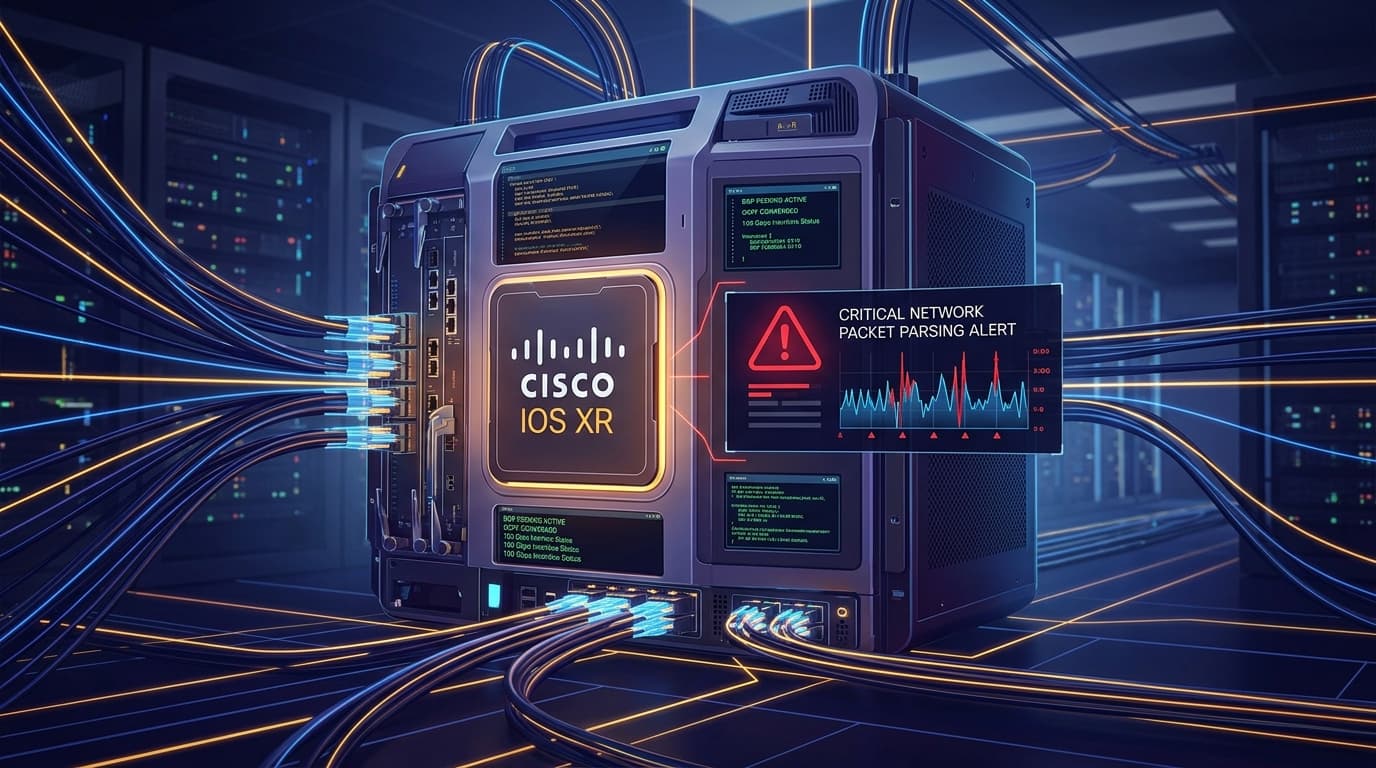 3D conceptual illustration of Cisco IOS XR carrier router chassis showing BGP packet routing core memory corruption vulnerability with glowing cyan telemetry