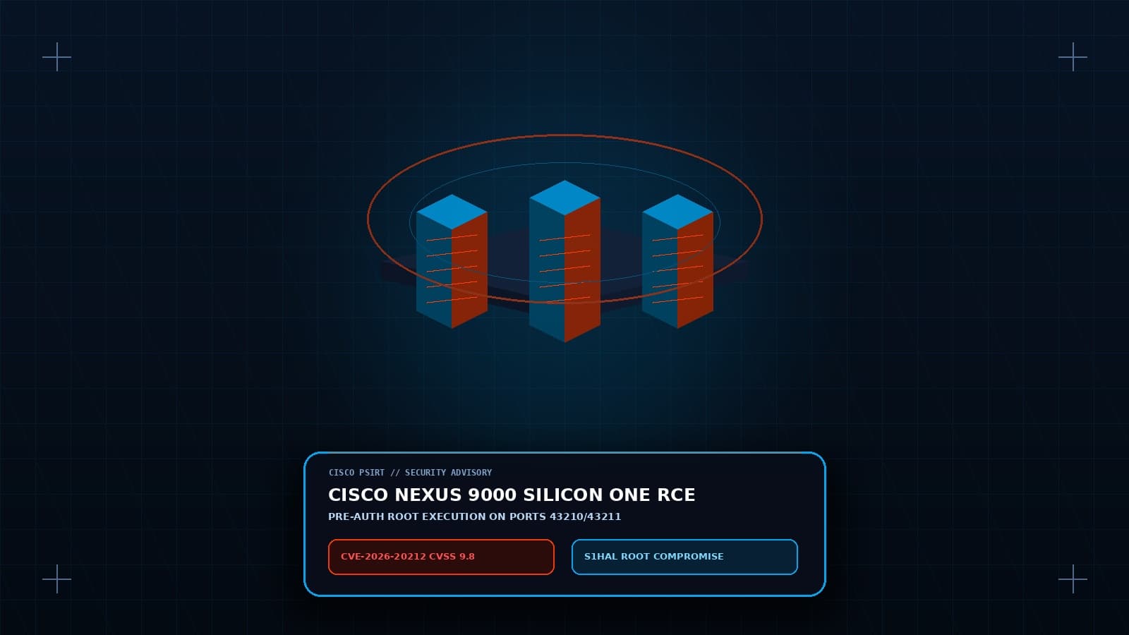3D isometric datacenter rack showing Cisco Nexus 9000 switch with exposed Silicon One ASIC interface