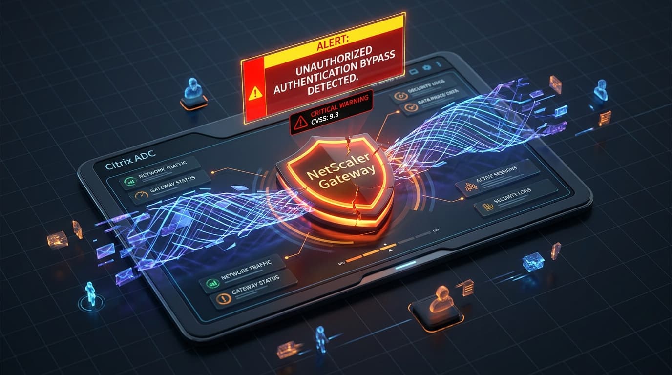 3D conceptual illustration of Citrix NetScaler ADC and Gateway perimeter shield showing unauthorized authentication bypass alert and glowing network tunnel