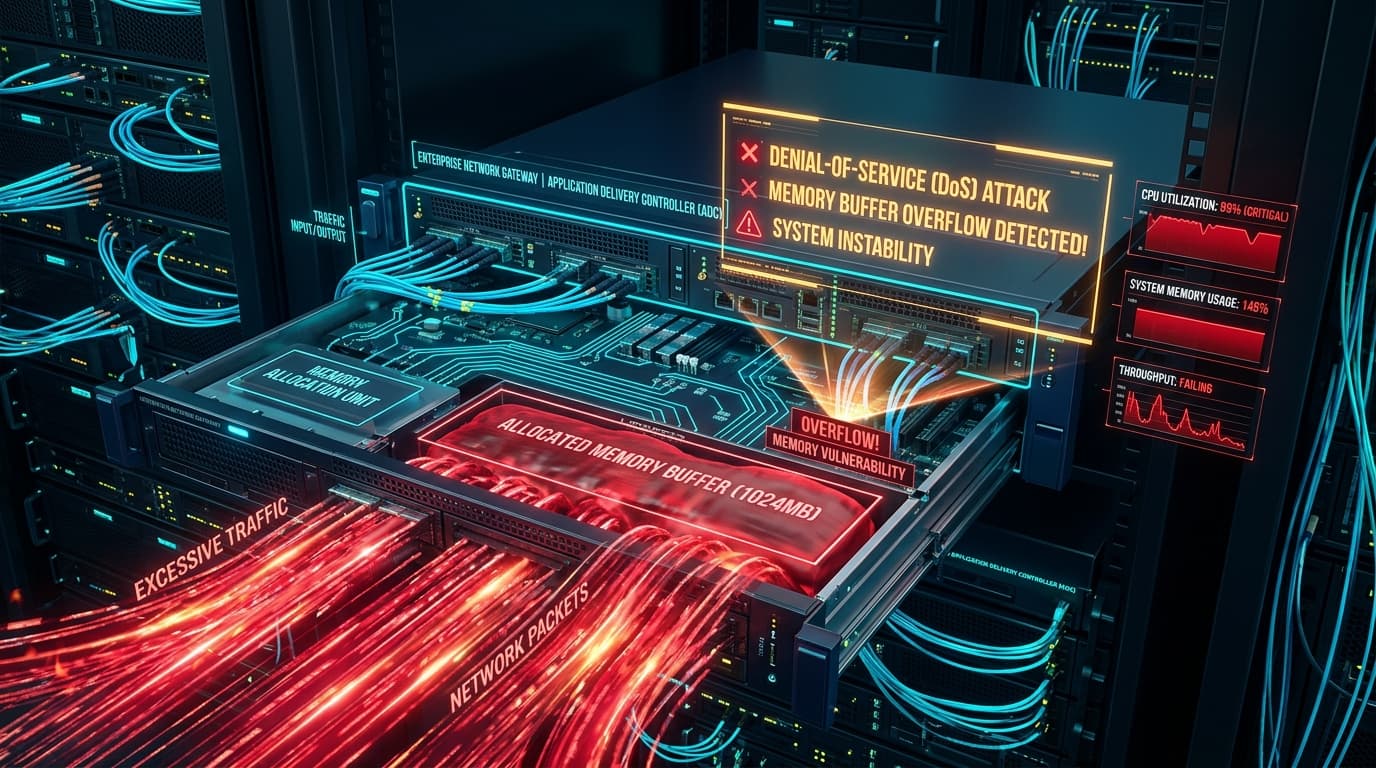 3D conceptual illustration of Citrix NetScaler ADC perimeter gateway chassis experiencing memory buffer overflow denial-of-service alert with glowing crimson traffic streams