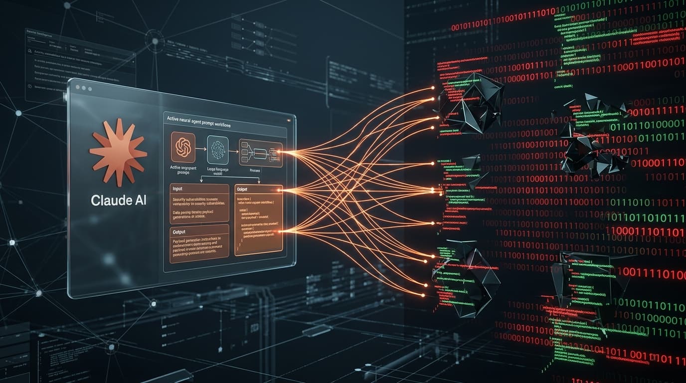Anthropic Claude interface tablet connected by neural synaptic threads to mutating polymorphic malware code blocks