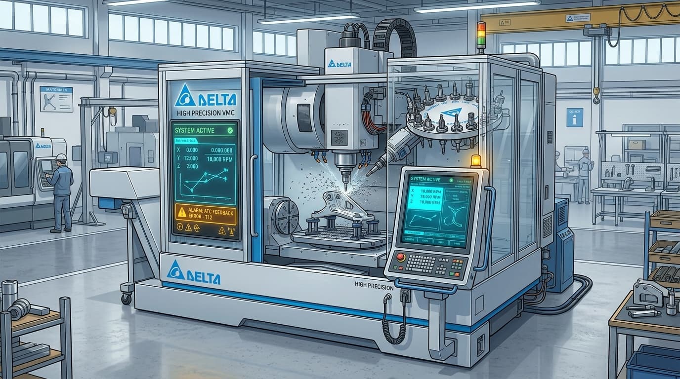 Editorial illustration for Delta Electronics CNC HMI Flaw Allows Remote Unauthenticated G-Code Toolpath Manipulation and Spindle Override (CVE-2026-74810)