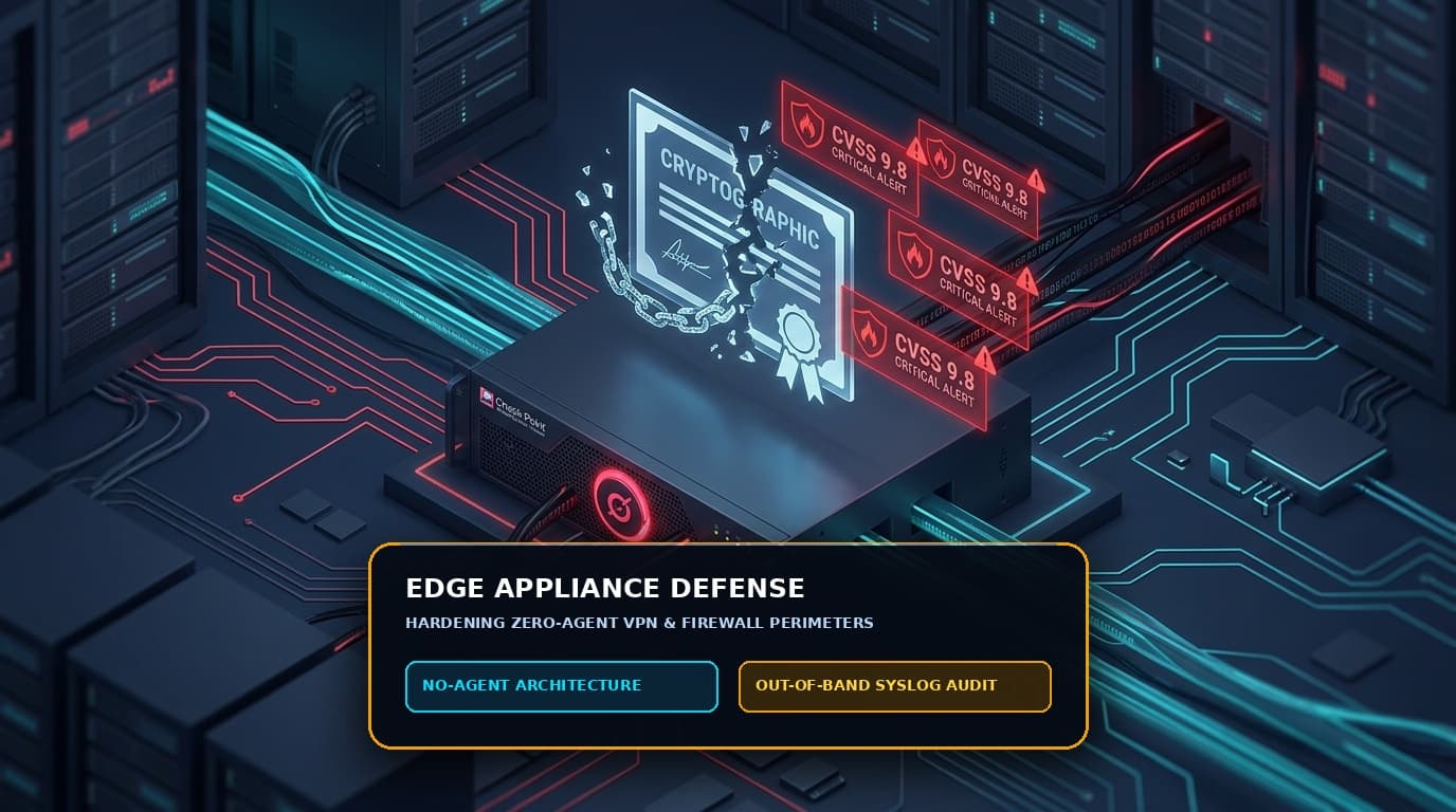 Hardware network edge appliance and VPN gateway security hardening with out-of-band syslog monitoring and zero-agent architecture