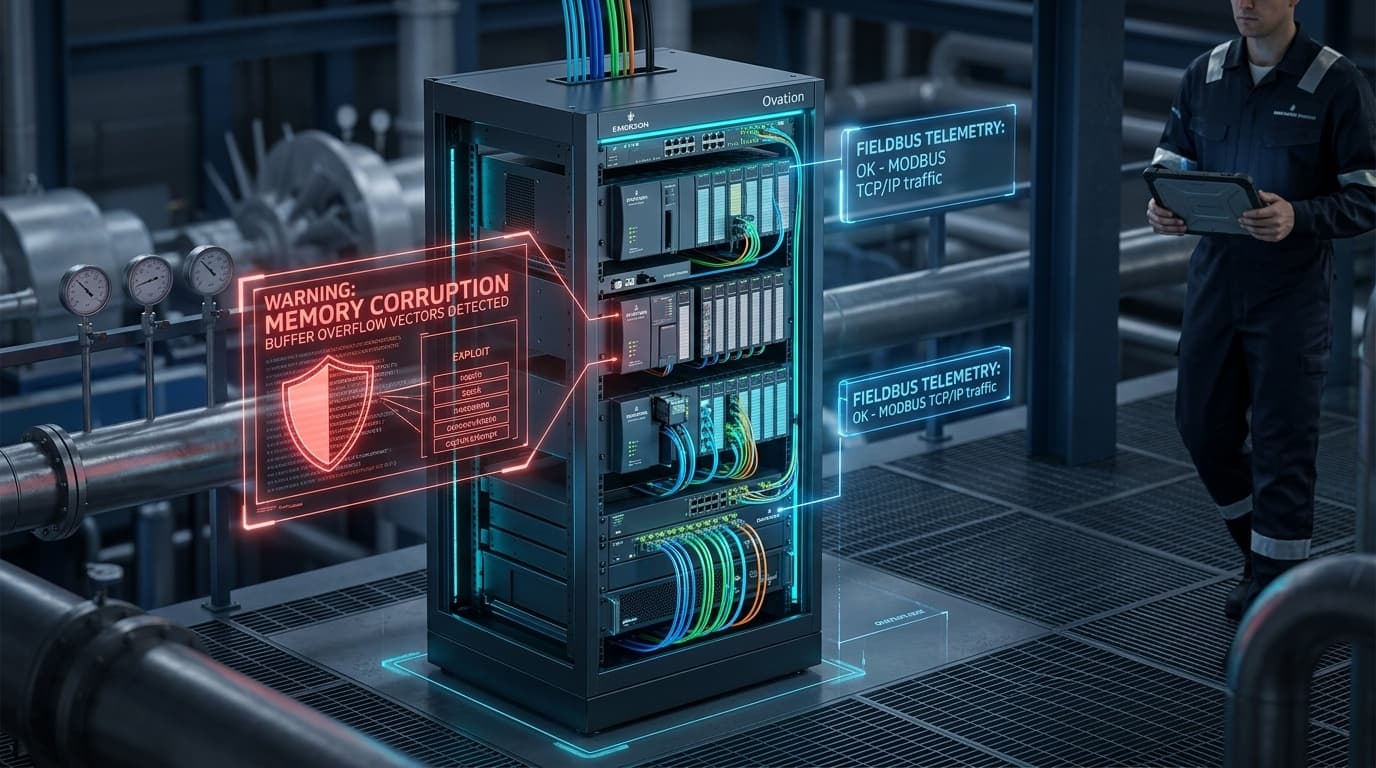 Editorial illustration for Emerson Ovation DCS Controller Flaw Enables Memory Corruption and Arbitrary Logic Injection in Power Generation Networks (CVE-2026-69880)
