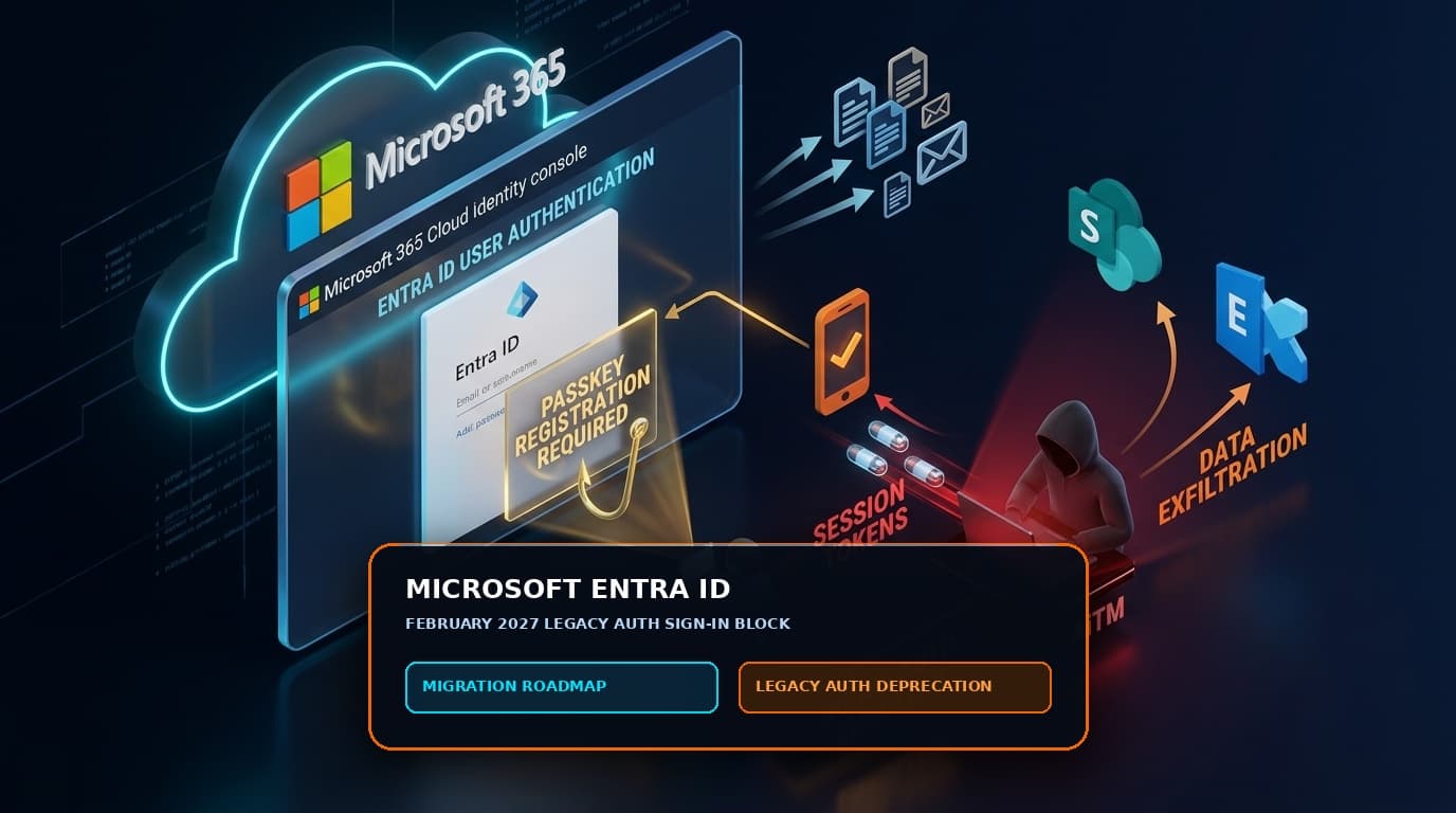Microsoft Entra ID cloud identity portal with legacy auth phase-out and migration deadlines