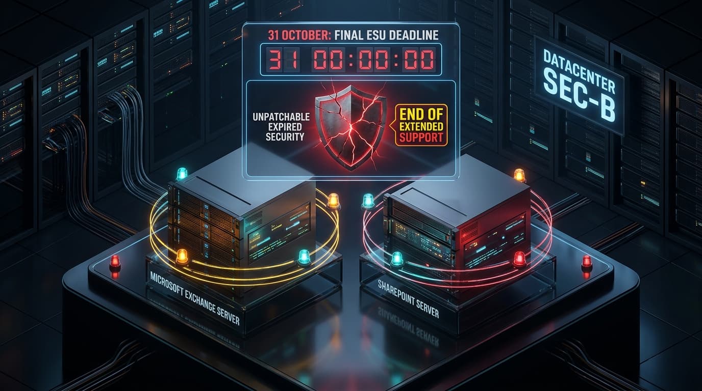 3D isometric illustration of Microsoft Exchange and SharePoint servers facing end of extended support countdown deadline