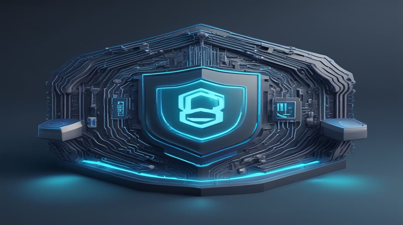 High-tech 3D conceptual cybernetic illustration of financial API gateway with cryptographic tokens, zero-trust security shield and encrypted data streams
