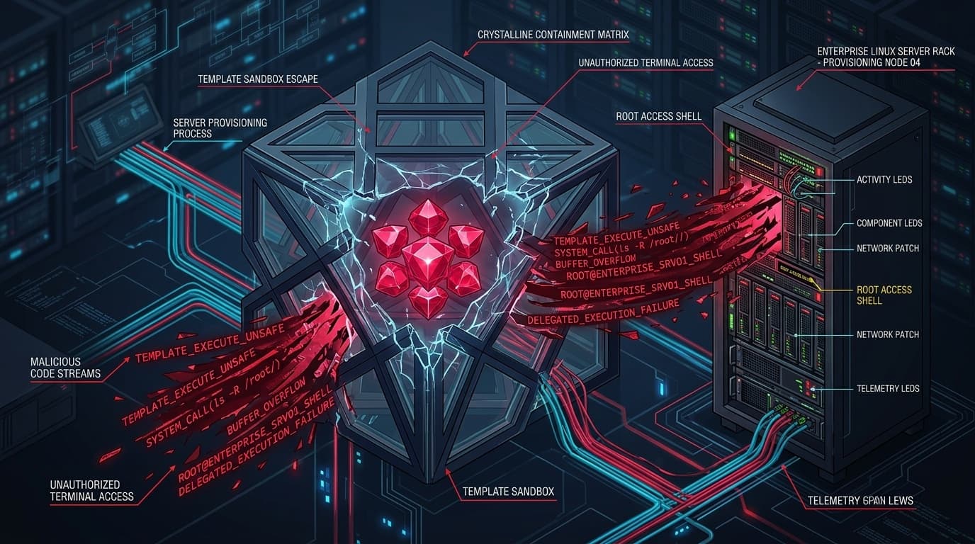 3D conceptual cybernetic illustration of Ruby gemstone matrix breaking out of crystalline template sandbox into enterprise Linux server provisioning rack