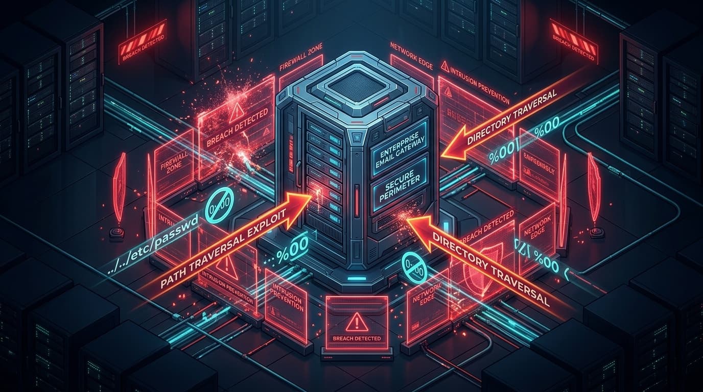 3D conceptual cybernetic illustration of enterprise email gateway with path traversal arrows, null-byte glyphs, and crimson security breach warnings