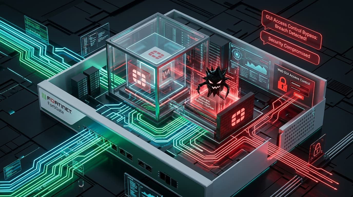 3D conceptual isometric cybernetic technical editorial illustration of Fortinet FortiSandbox security appliance, malware detonation analysis chamber, web GUI access control bypass breach