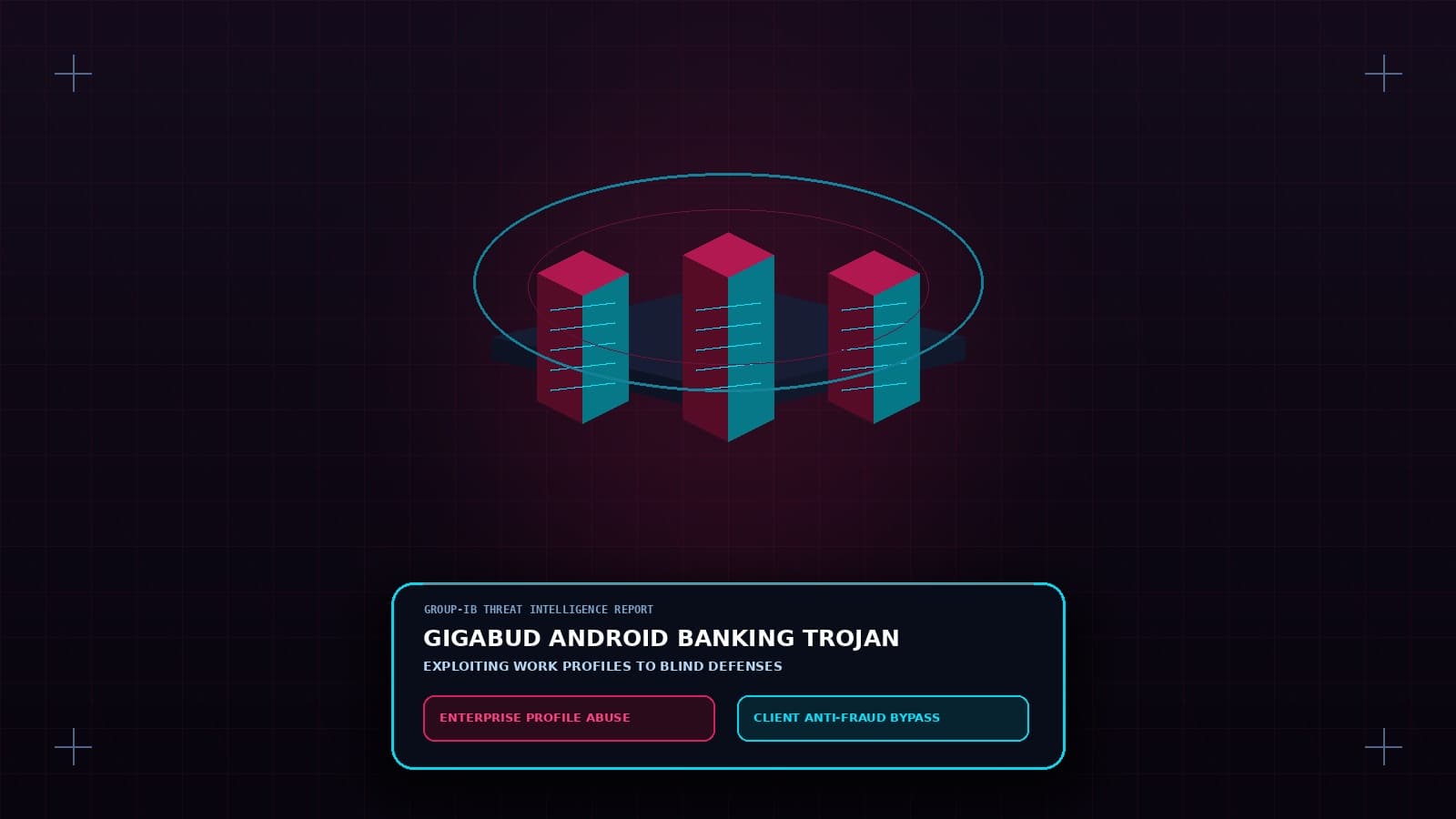 3D isometric Android smartphone showing dual partitioned profiles isolating a tampered banking app from malware checks