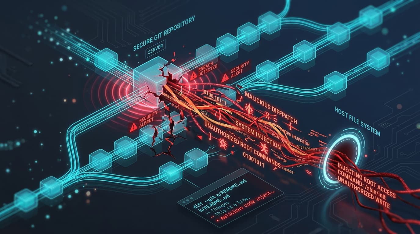 3D conceptual editorial illustration of Gitea secure git repository server undergoing code injection exploit attack escaping repository boundaries to execute shell commands