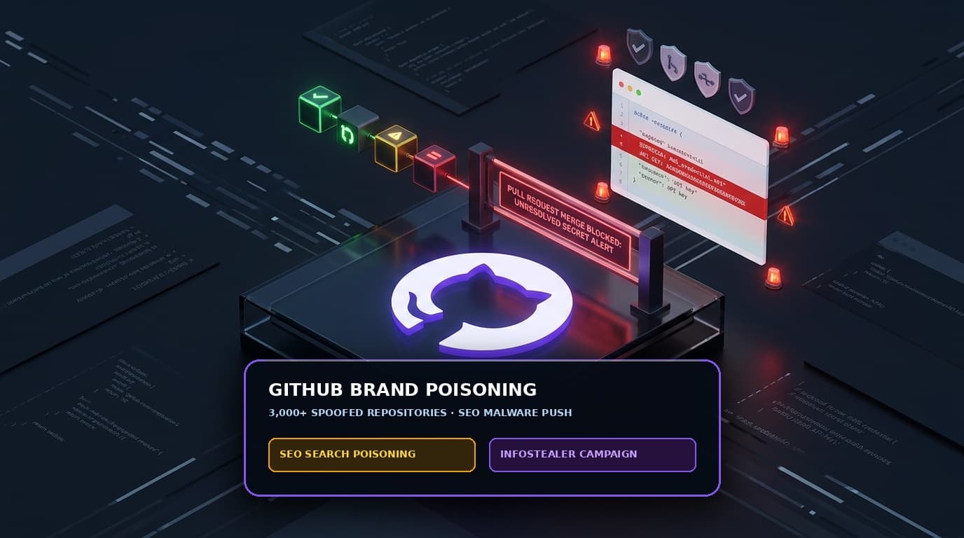 3D isometric illustration of GitHub brand impersonation and search engine SEO poisoning distributing infostealer malware