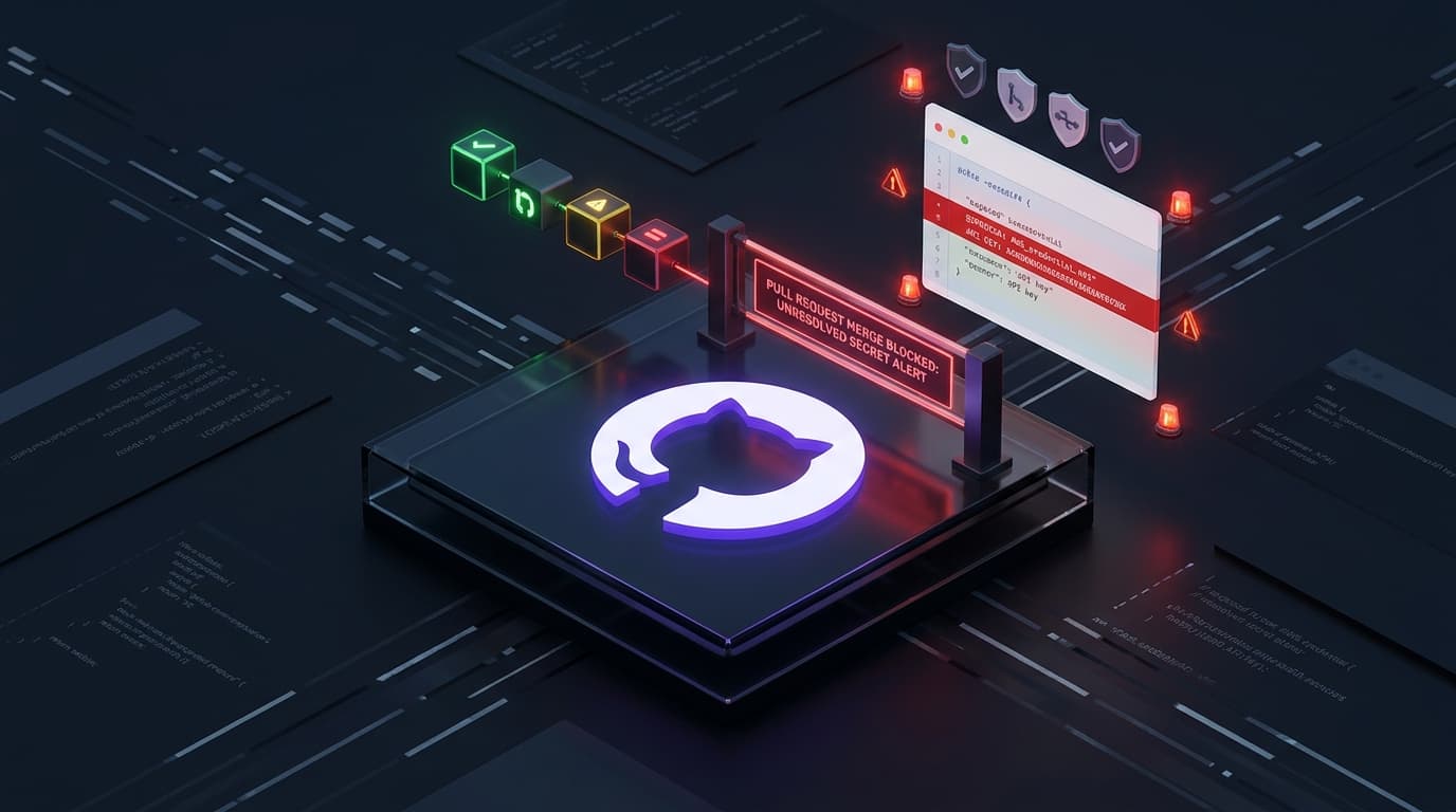 3D isometric illustration of GitHub repository ruleset blocking pull request merge with unresolved secret alert badge