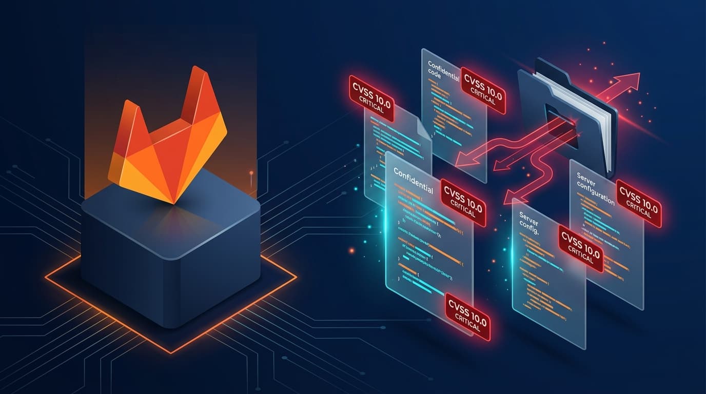 GitLab geometric fox logo beside floating confidential server files with red CVSS 10.0 alert badges