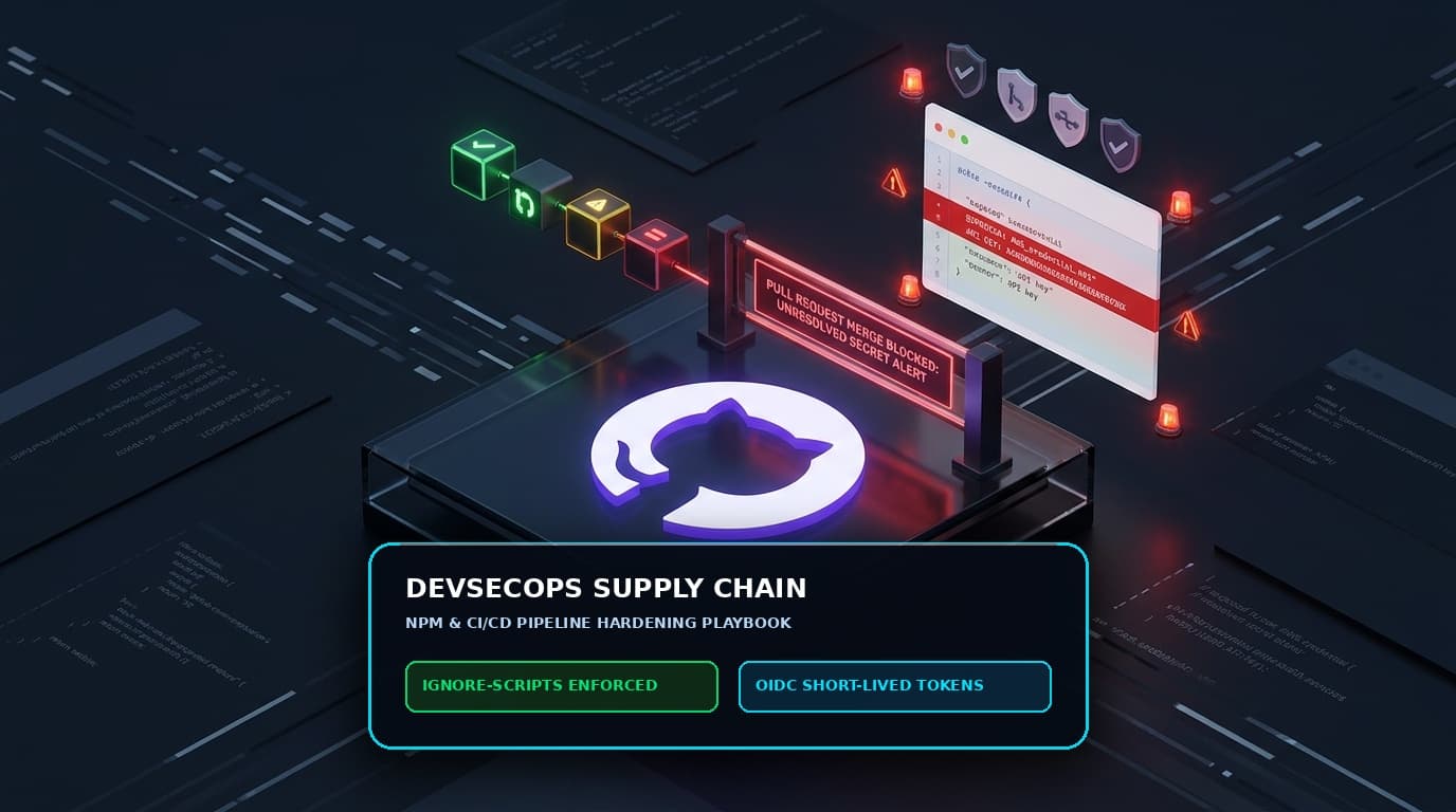 DevSecOps supply chain security pipeline with npm ignore-scripts enforcement, CI runner sandbox, and short-lived OIDC tokens