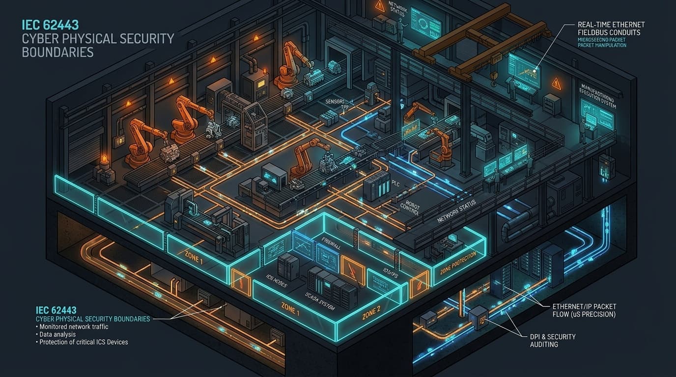 3D conceptual isometric cybernetic technical editorial illustration of industrial automated manufacturing factory floor, robotic assembly lines, deterministic Ethernet fieldbus conduits, IEC 62443 security boundaries