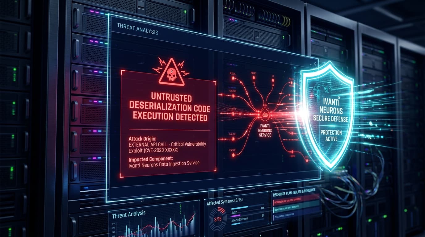3D conceptual illustration of Ivanti Neurons ITSM server architecture undergoing binary deserialization remote code execution breach with glowing red exploit streams