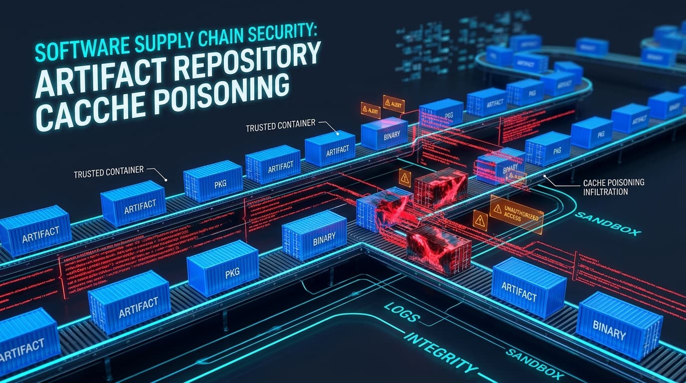 3D conceptual editorial illustration of JFrog Artifactory enterprise repository showing Docker cache layers undergoing path traversal and malicious poison injection
