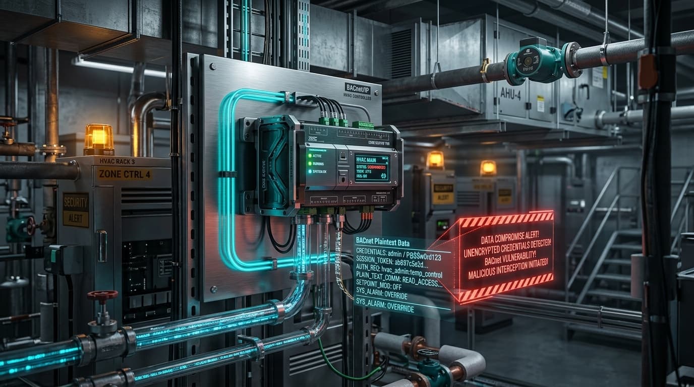 3D cybernetic illustration of industrial BACnet edge controller in building mechanical room with cleartext credentials alert hologram and telemetry pipes