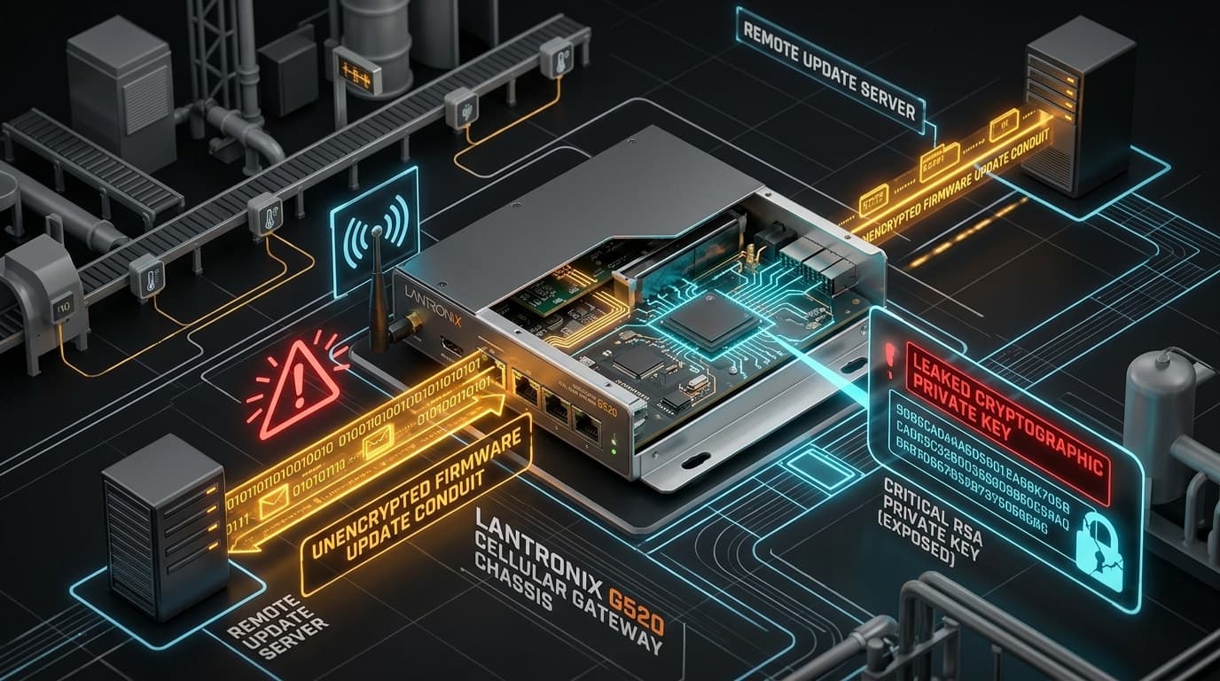 3D conceptual isometric cybernetic technical editorial illustration of industrial IoT telematics edge router, Lantronix G520 cellular gateway chassis, leaked cryptographic private key