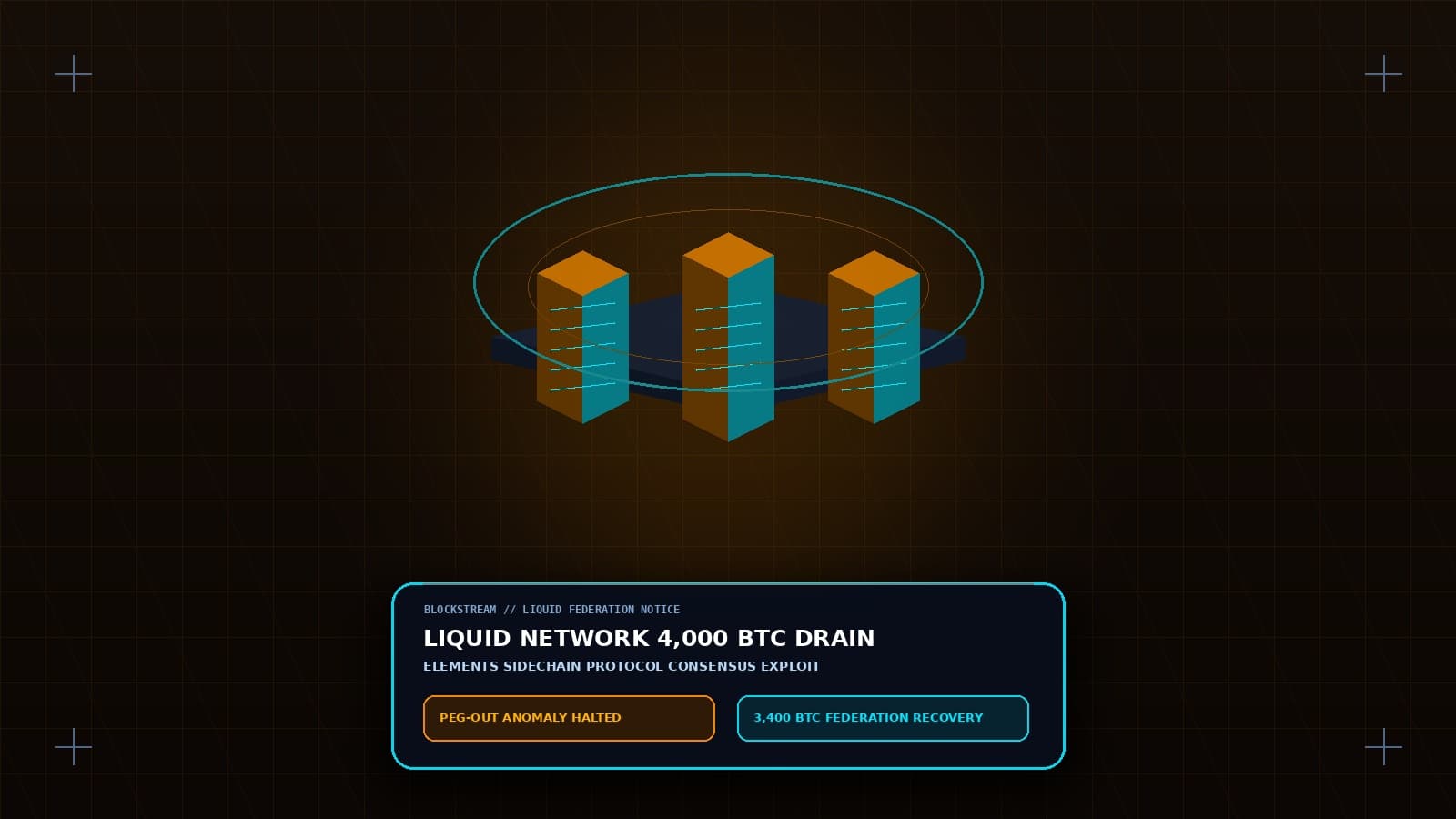 3D isometric blockchain network nodes showing Liquid Federation multi-sig peg vault and sidechain transaction validation