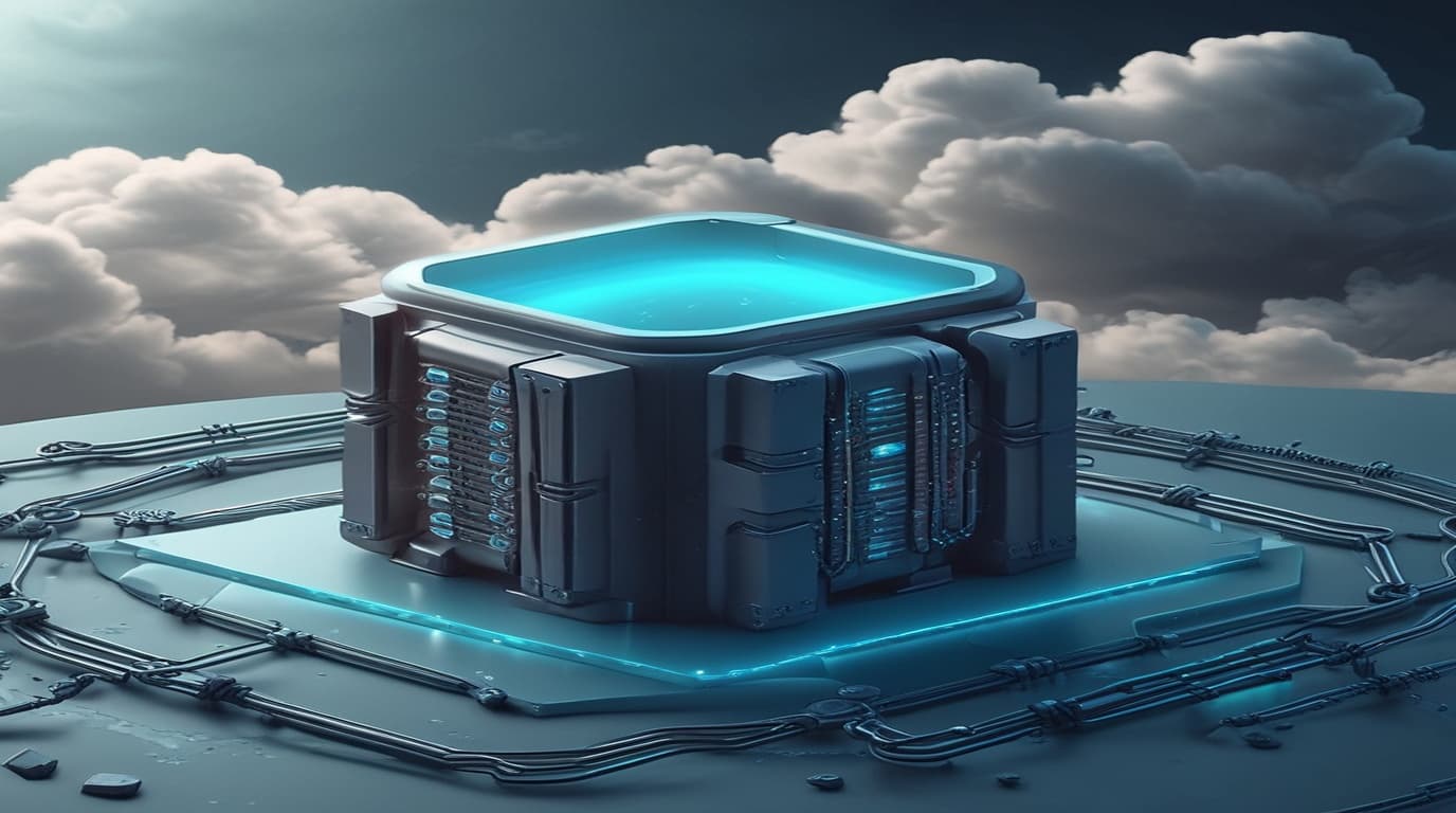 High-tech 3D conceptual cybernetic illustration of software supply chain pipeline and cryptographic tokens