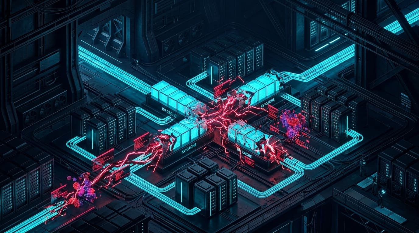 3D isometric editorial illustration of an AI inference cluster and Large Language Model KV cache pipeline suffering unauthenticated memory corruption attack