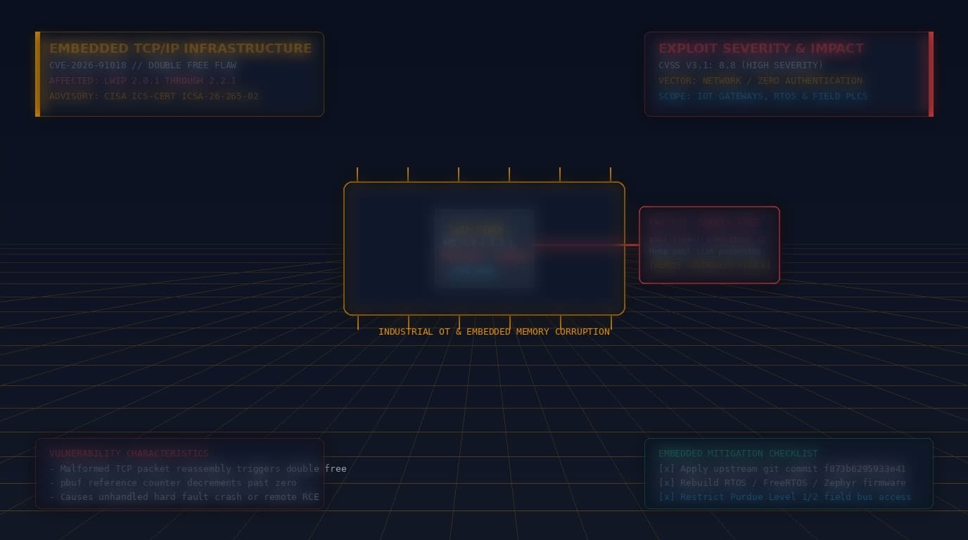 lwIP Embedded TCP/IP Stack Double Free Memory Corruption and Industrial Controller Hijack Flow