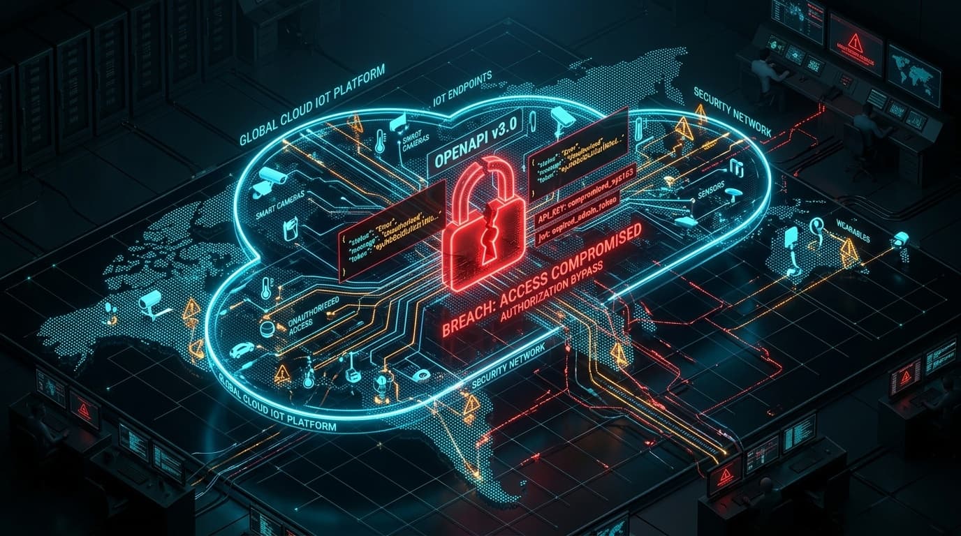 3D cybernetic illustration of global cloud IoT platform with broken authorization lock exposing smart surveillance device shadows and telemetry