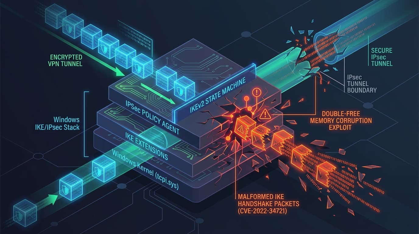 3D conceptual editorial illustration of Microsoft Windows Internet Key Exchange IKE protocol stack undergoing double-free memory corruption exploit shattering IPsec VPN tunnel