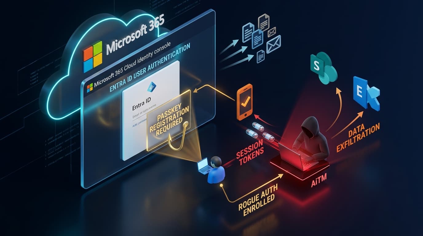 3D conceptual illustration of deceptive passkey registration lure leading to Microsoft 365 cloud identity compromise and tenant data collection