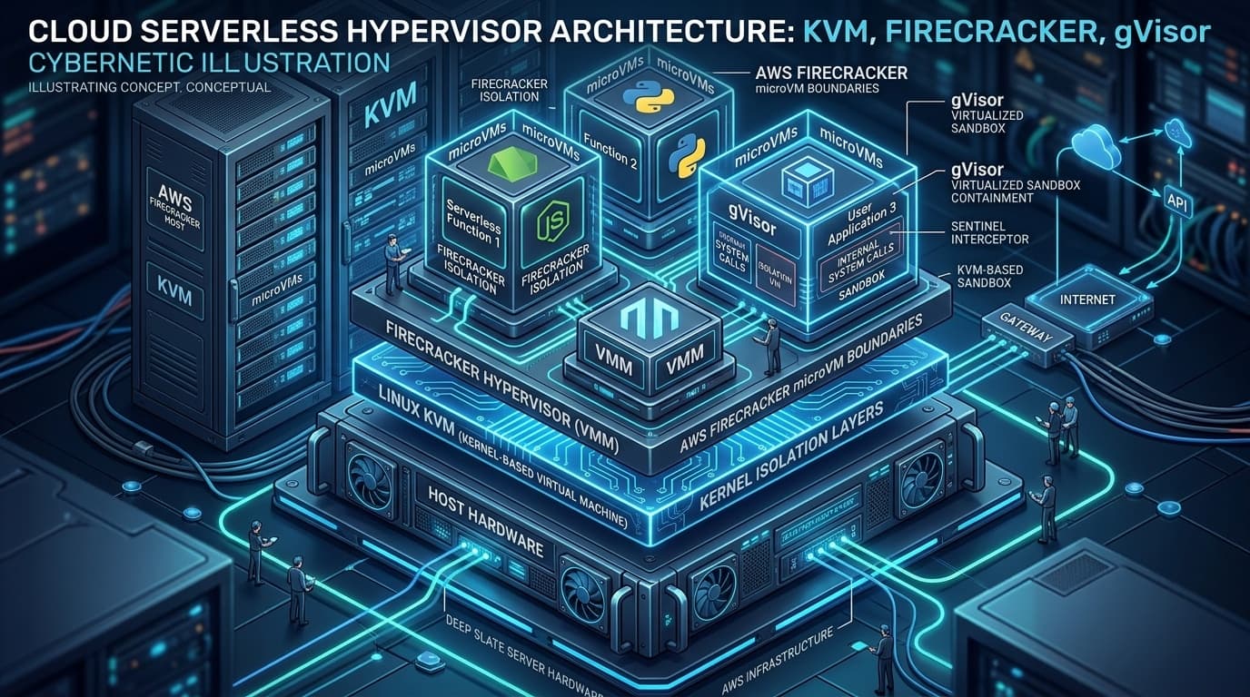 3D conceptual isometric cybernetic technical editorial illustration of cloud serverless hypervisor architecture, AWS Firecracker microVM boundaries, Linux KVM kernel isolation layers, and gVisor sandboxes