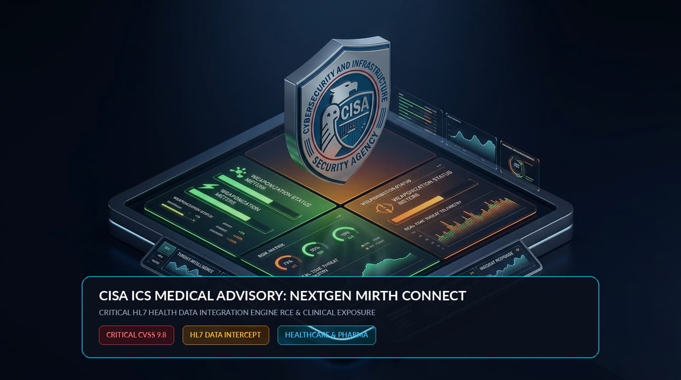 3D conceptual illustration of CISA medical ICS advisory showing healthcare data integration engine undergoing remote code execution threat with clinical telemetry shield